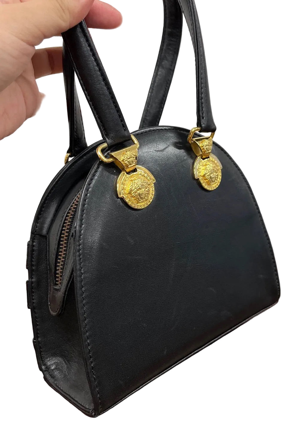 Versace black leather gold tone hardware Mini Tribute Medallion Tote