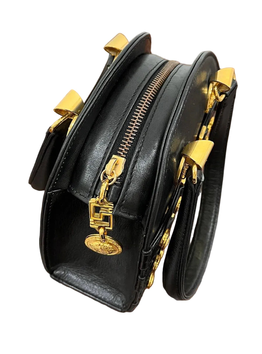 Versace black leather gold tone hardware Mini Tribute Medallion Tote