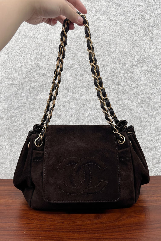 Chanel Suede Accordion Flap Bag with Card and Holo
