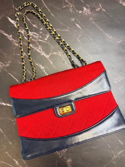 CHANEL Vintage Series 1 Flap Bag, Red Jersey Navy Leather GHW Comes W Card & COA