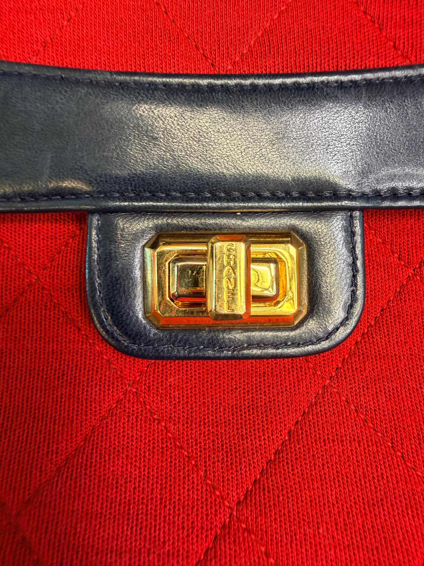 CHANEL Vintage Series 1 Flap Bag, Red Jersey Navy Leather GHW Comes W Card & COA