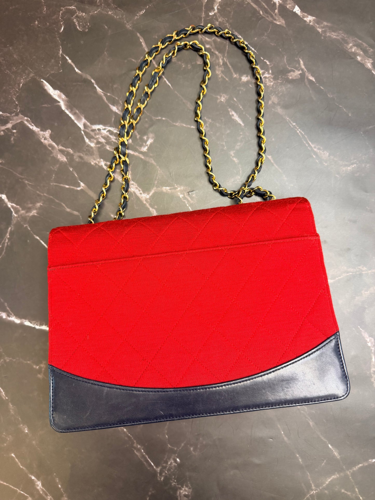 CHANEL Vintage Series 1 Flap Bag, Red Jersey Navy Leather GHW Comes W Card & COA