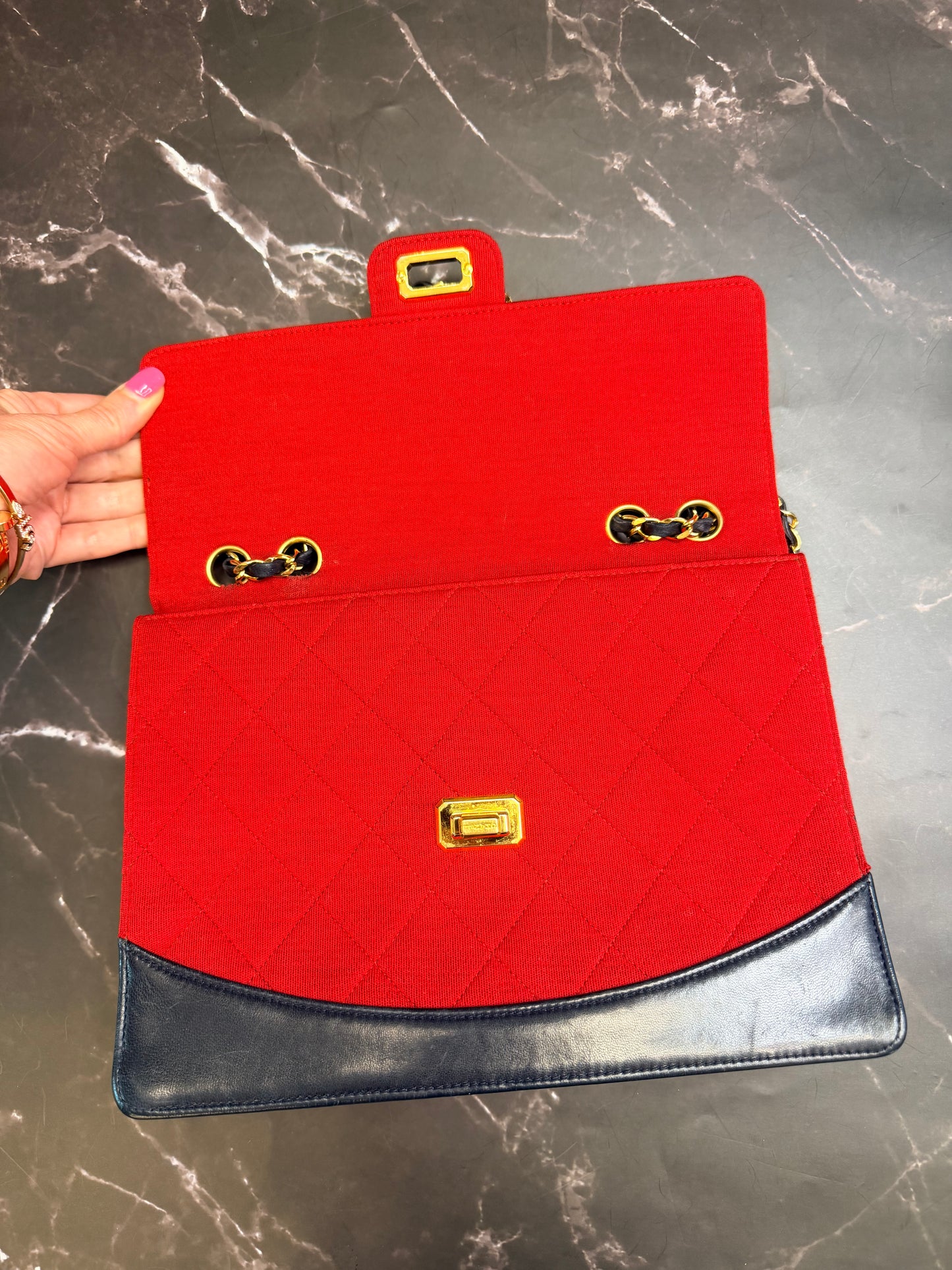 CHANEL Vintage Series 1 Flap Bag, Red Jersey Navy Leather GHW Comes W Card & COA