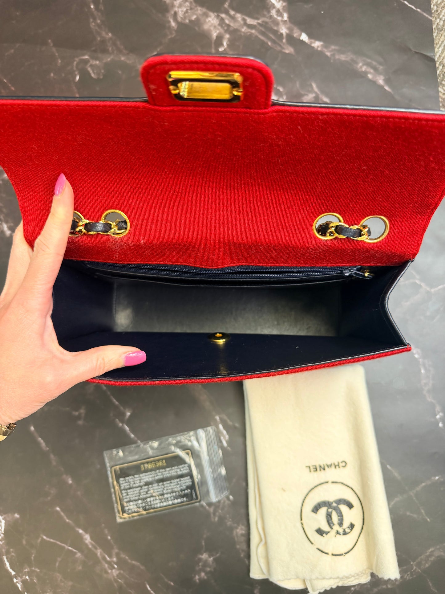 CHANEL Vintage Series 1 Flap Bag, Red Jersey Navy Leather GHW Comes W Card & COA