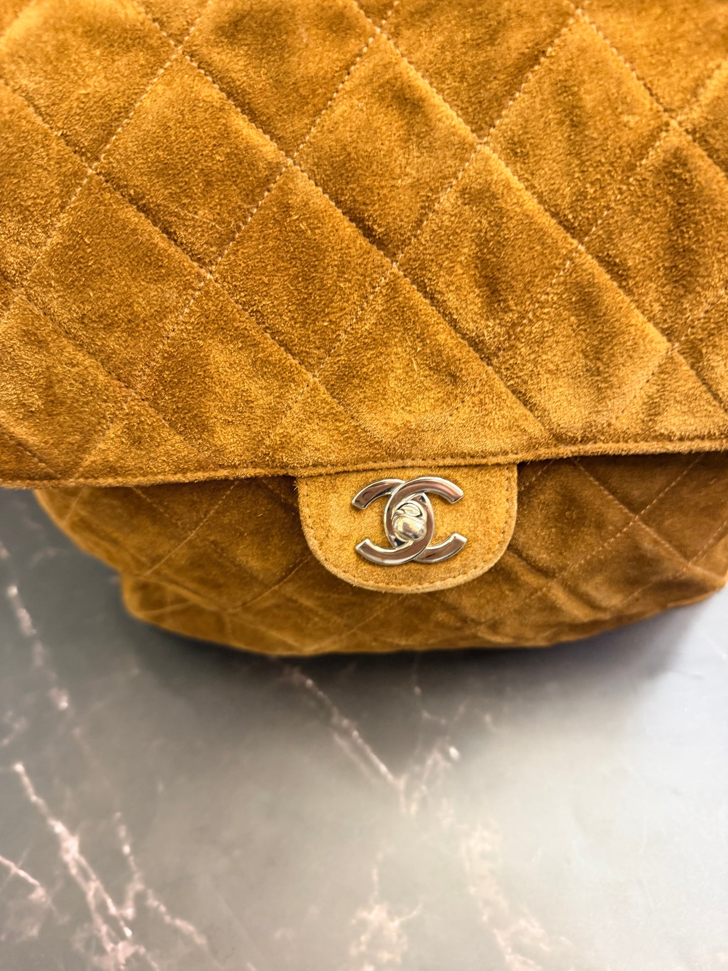 CHANEL Vintage RARE CC Logo Turnlock Quilted Suede two face Flap Shoulder Bag Brown