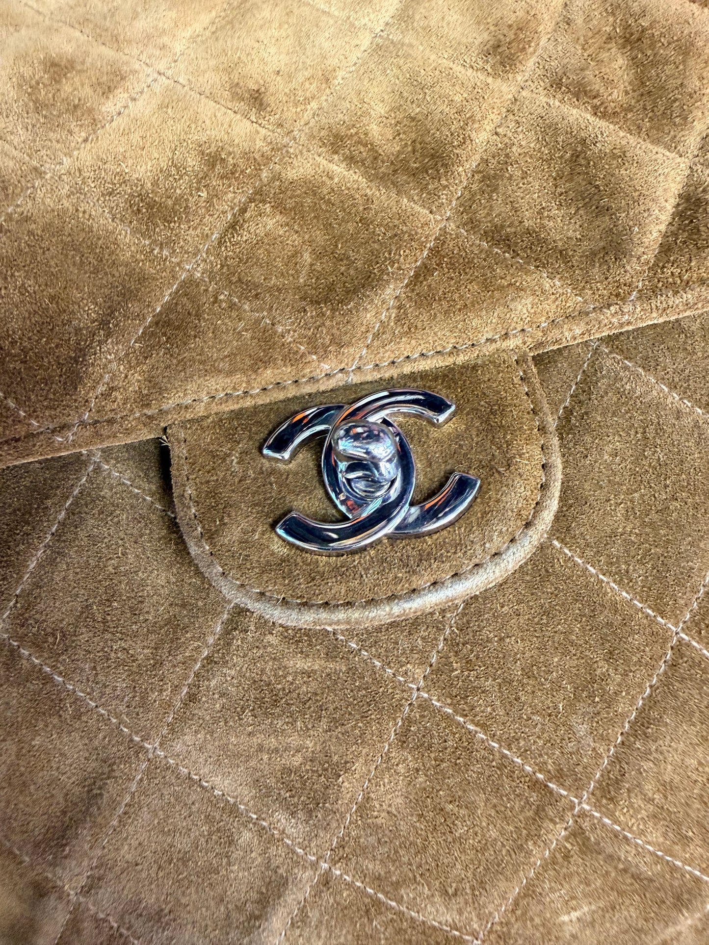 CHANEL Vintage RARE CC Logo Turnlock Quilted Suede two face Flap Shoulder Bag Brown