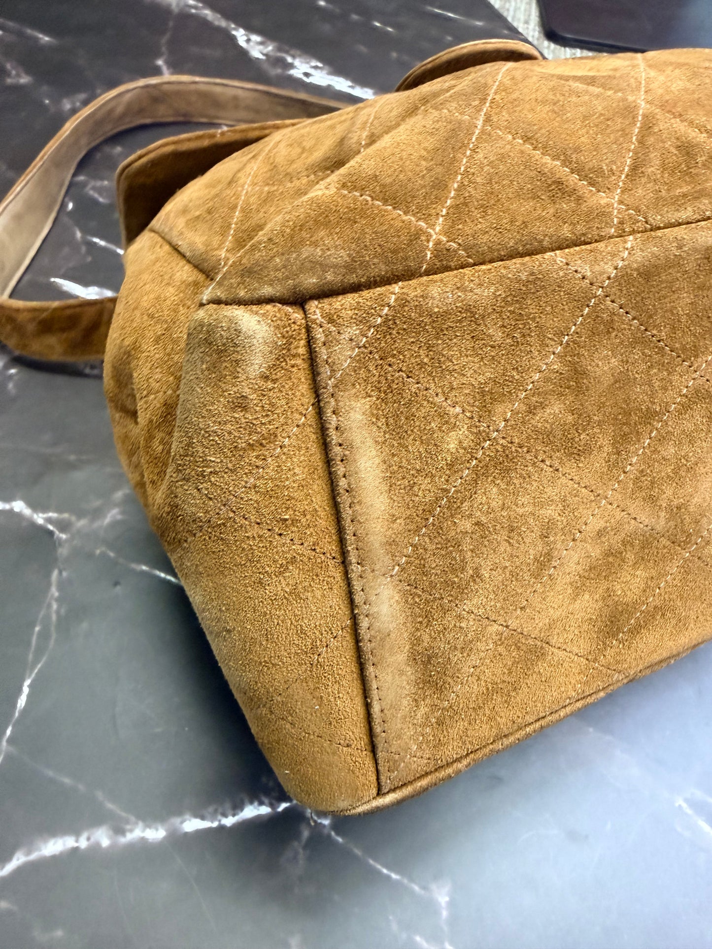 CHANEL Vintage RARE CC Logo Turnlock Quilted Suede two face Flap Shoulder Bag Brown