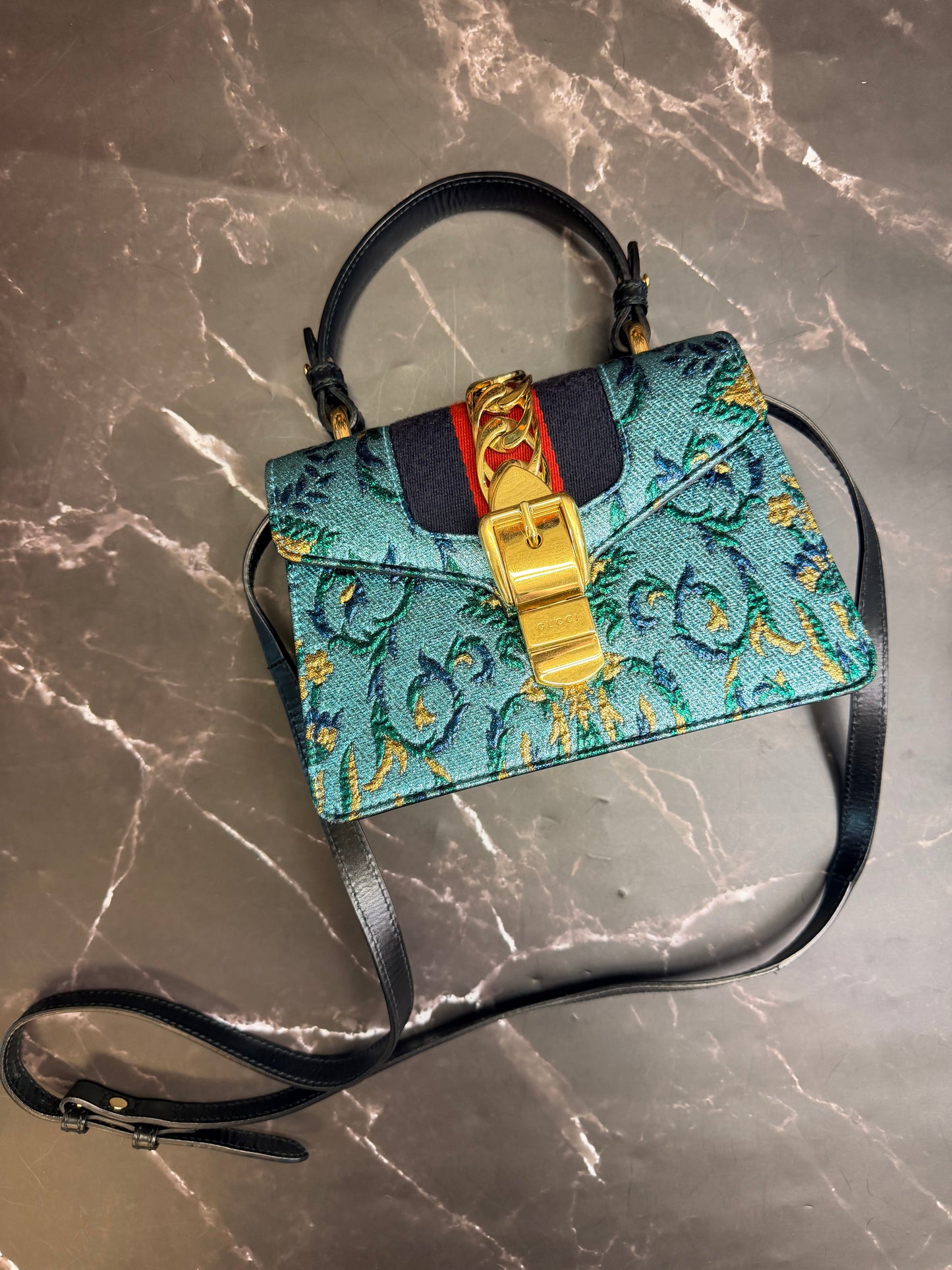 Gucci Chain-Link Sylvie with Gold Hardware in Blue Metallic