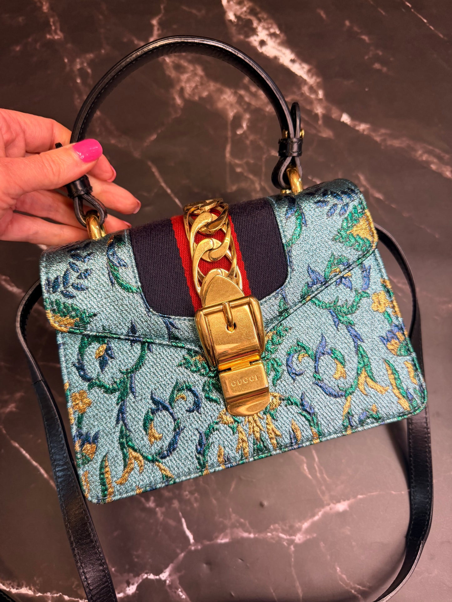 Gucci Chain-Link Sylvie with Gold Hardware in Blue Metallic