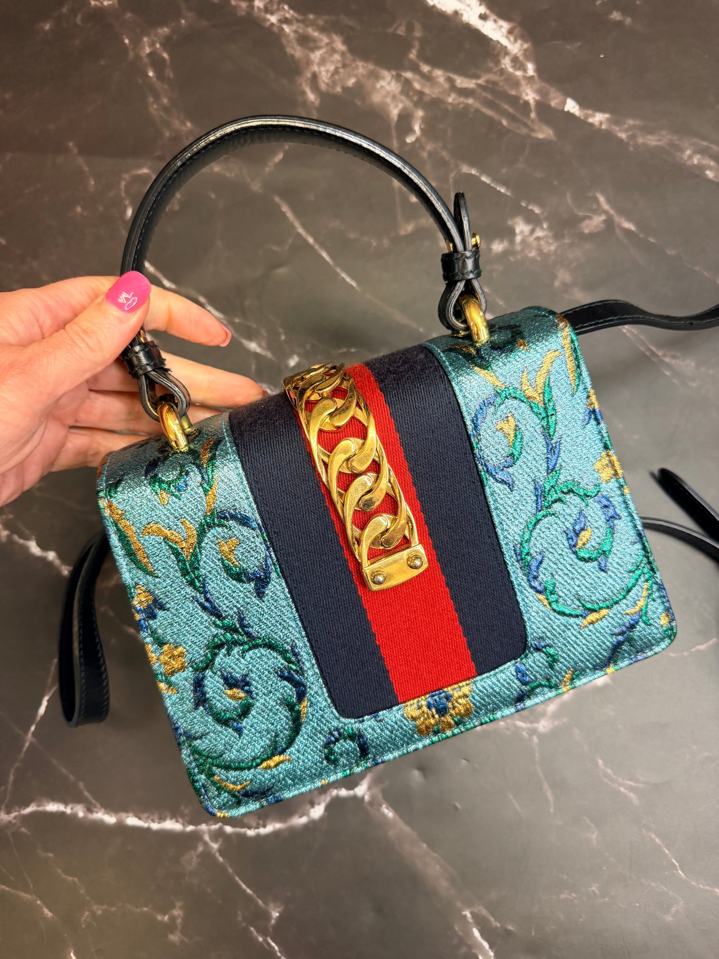 Gucci Chain-Link Sylvie with Gold Hardware in Blue Metallic