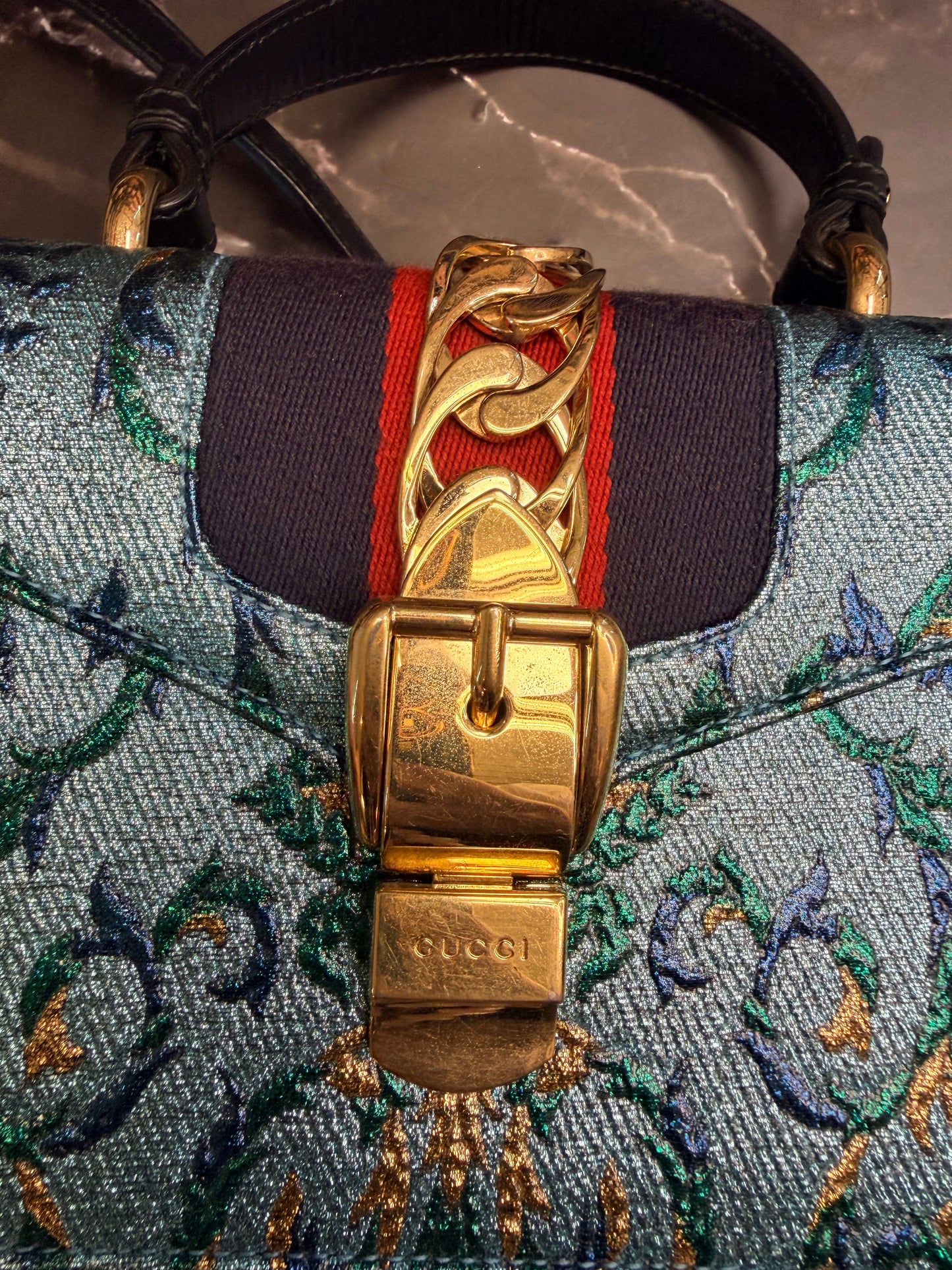 Gucci Chain-Link Sylvie with Gold Hardware in Blue Metallic