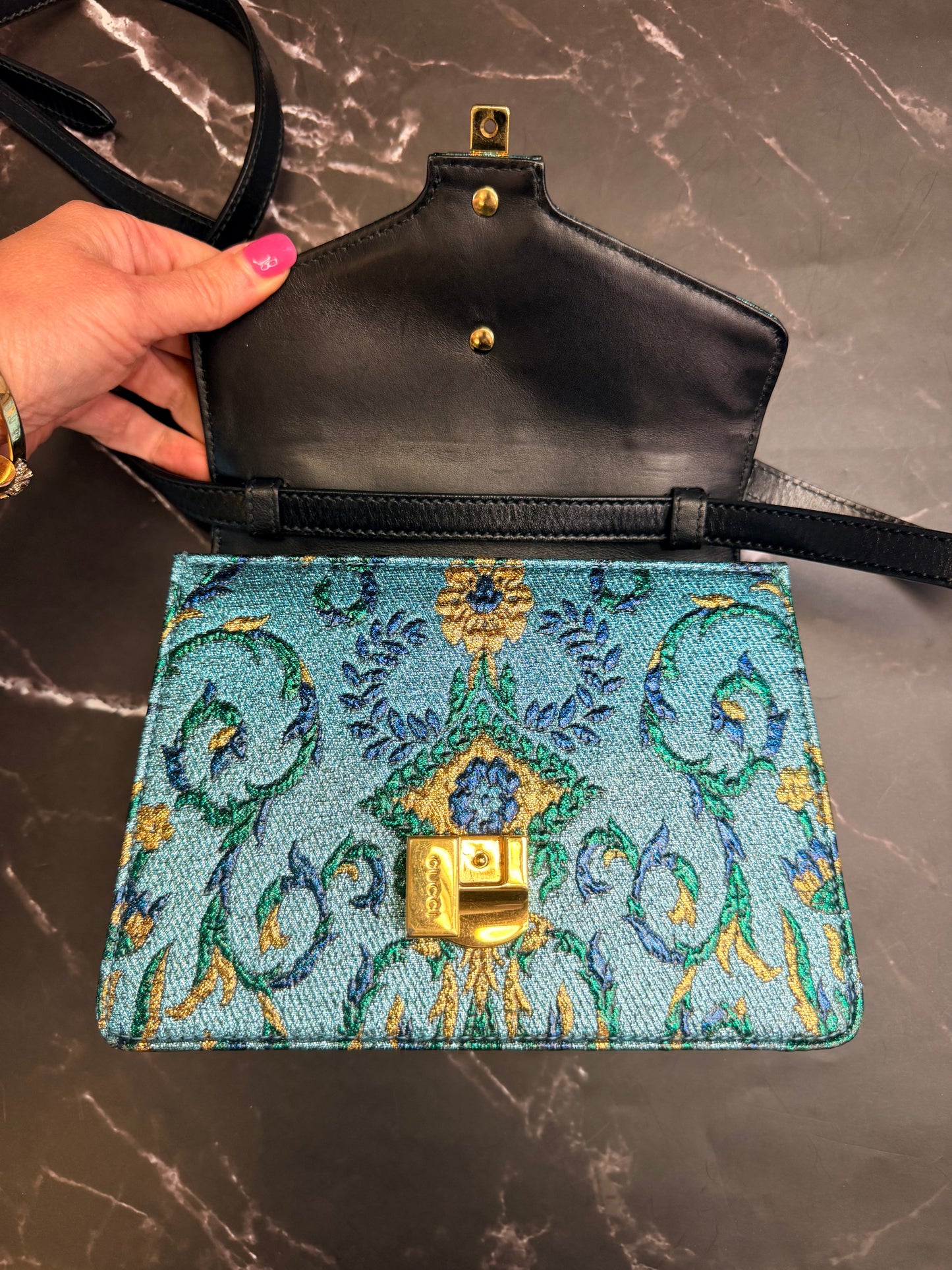 Gucci Chain-Link Sylvie with Gold Hardware in Blue Metallic