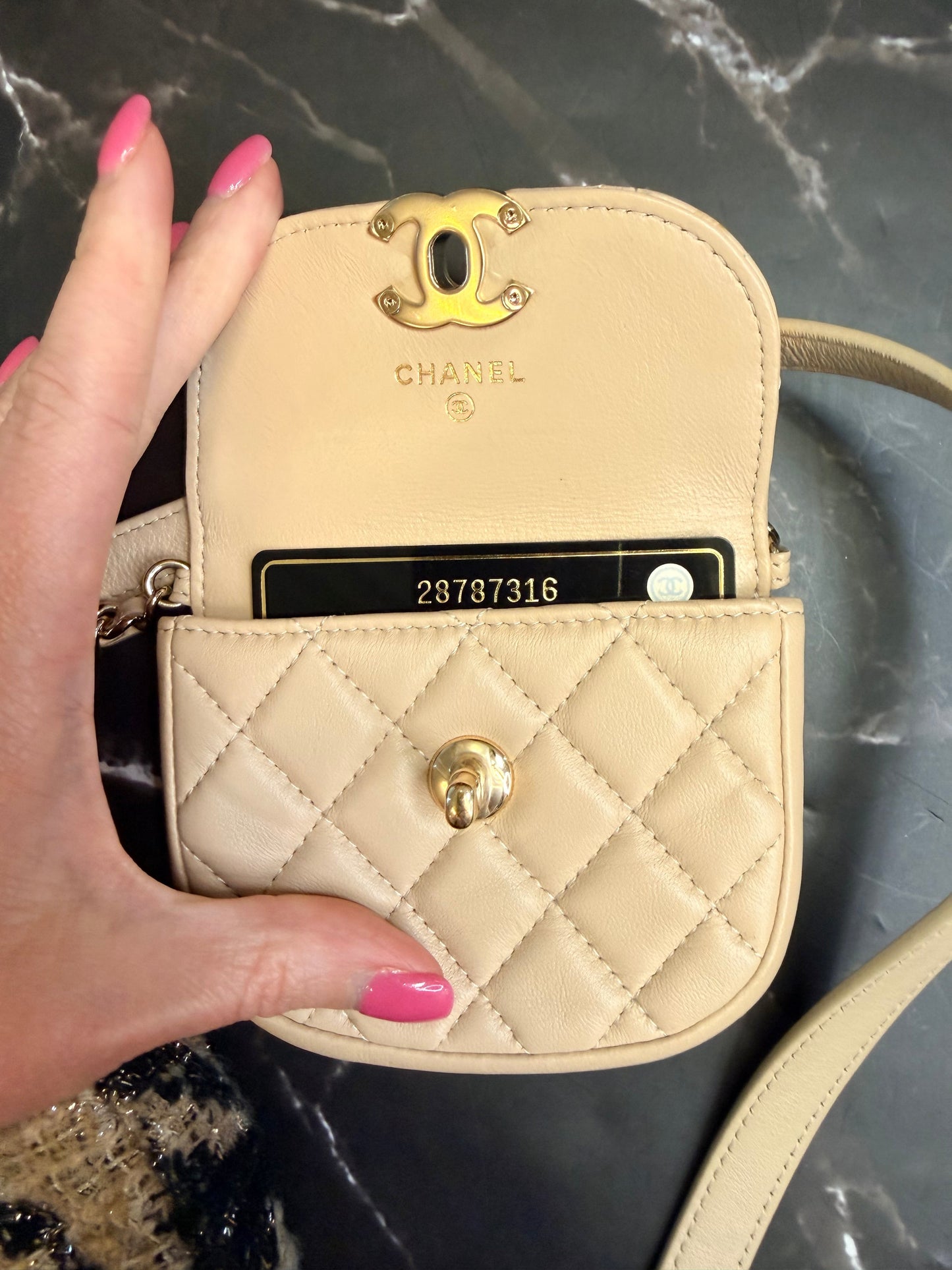 CHANEL 19K Beige Houndstooth Waist Belt Bag with Coin Purse