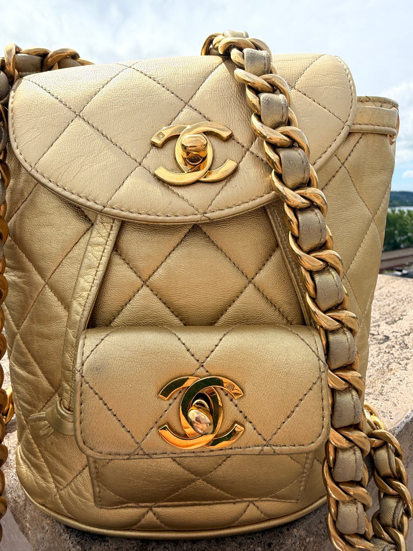 Chanel Metallic Gold Quilted Lambskin Mini Duma Timeless CC Backpack Gold Hardware, 1991-1994