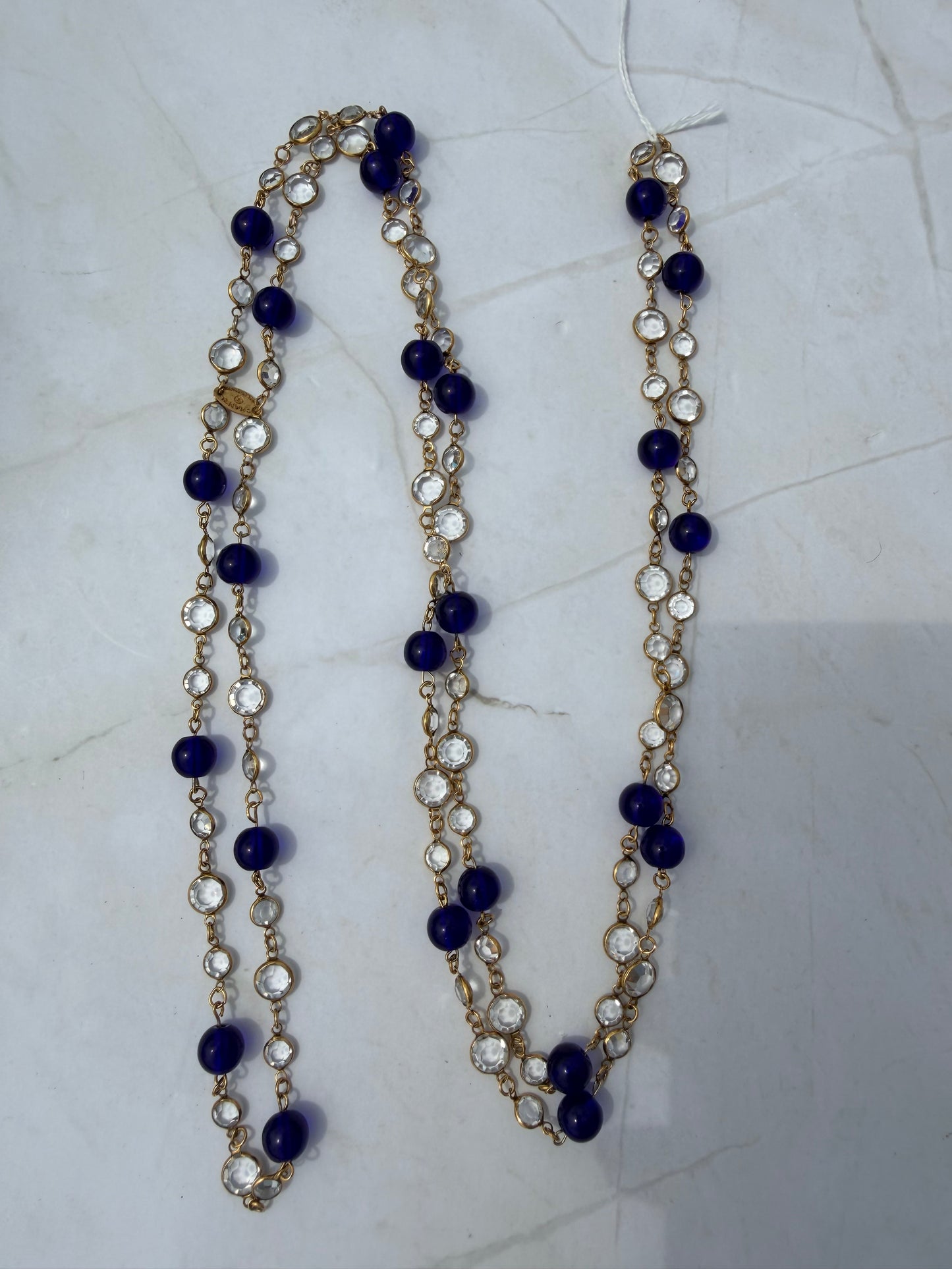 Vintage Chanel Sautoir Long Necklace with Blue Gripoix and round Clear Faucet glass crystals