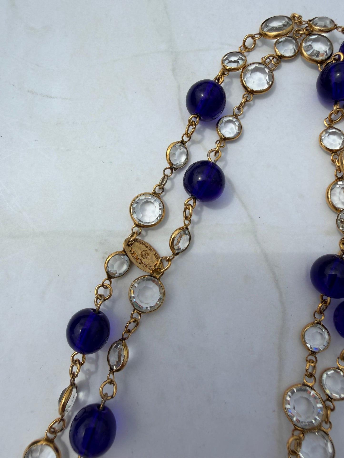 Vintage Chanel Sautoir Long Necklace with Blue Gripoix and round Clear Faucet glass crystals