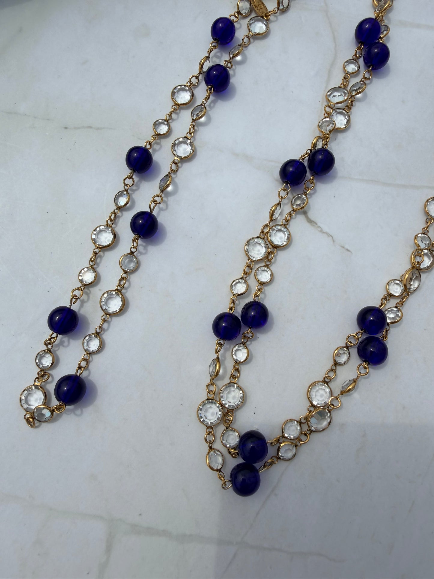 Vintage Chanel Sautoir Long Necklace with Blue Gripoix and round Clear Faucet glass crystals