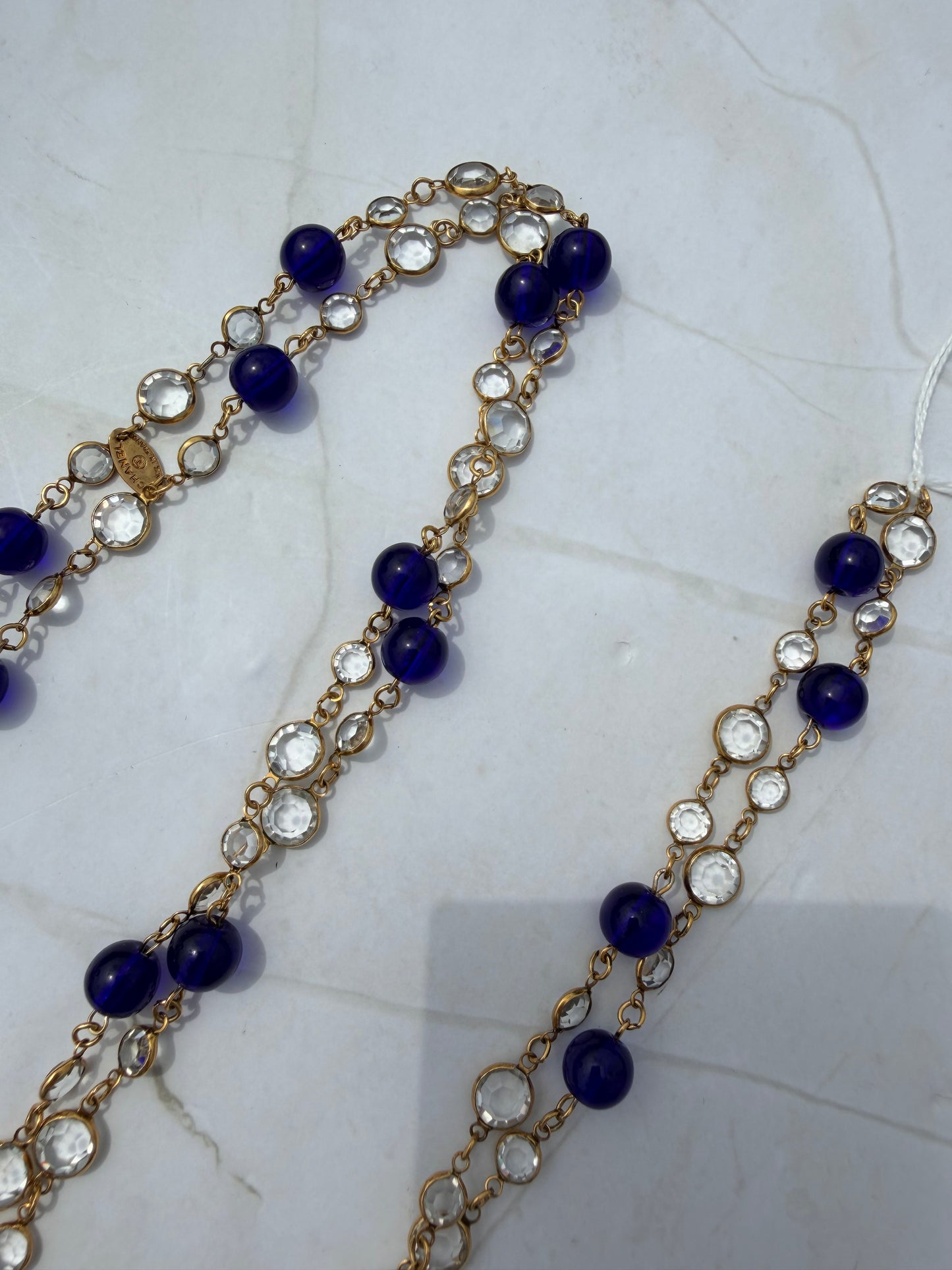 Vintage Chanel Sautoir Long Necklace with Blue Gripoix and round Clear Faucet glass crystals