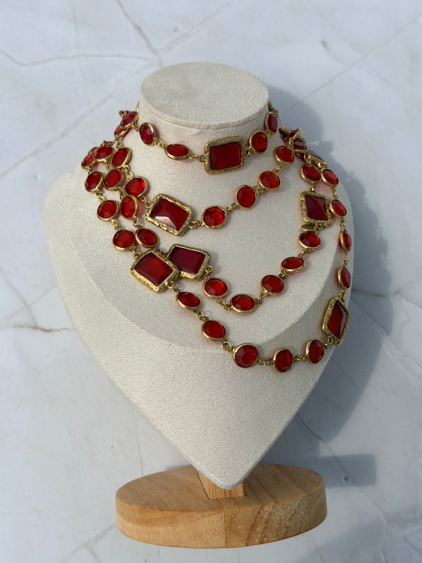 Vintage 1981 Chanel Chicklet Long Necklace Red Gripoix 24K Gold Plated Hardware