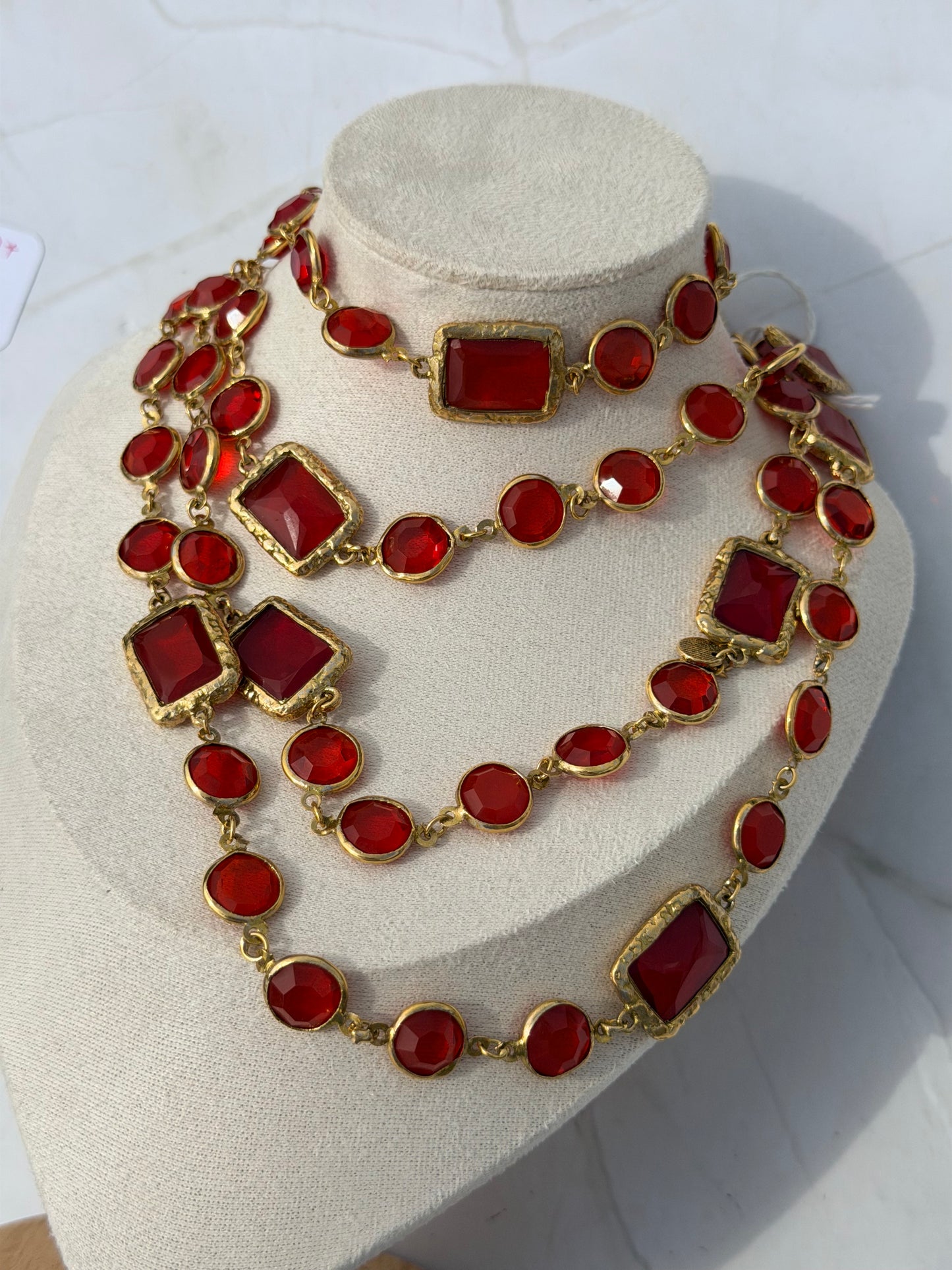 Vintage 1981 Chanel Chicklet Long Necklace Red Gripoix 24K Gold Plated Hardware