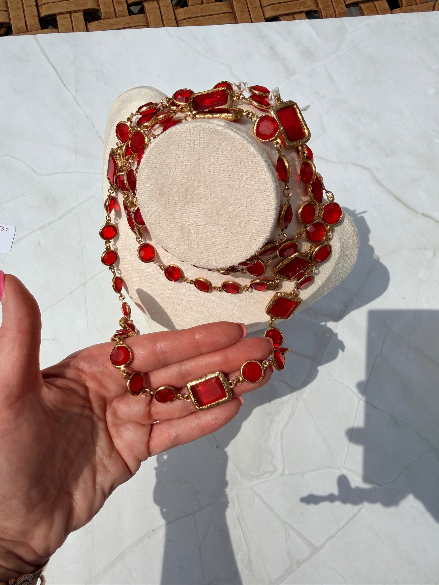 Vintage 1981 Chanel Chicklet Long Necklace Red Gripoix 24K Gold Plated Hardware