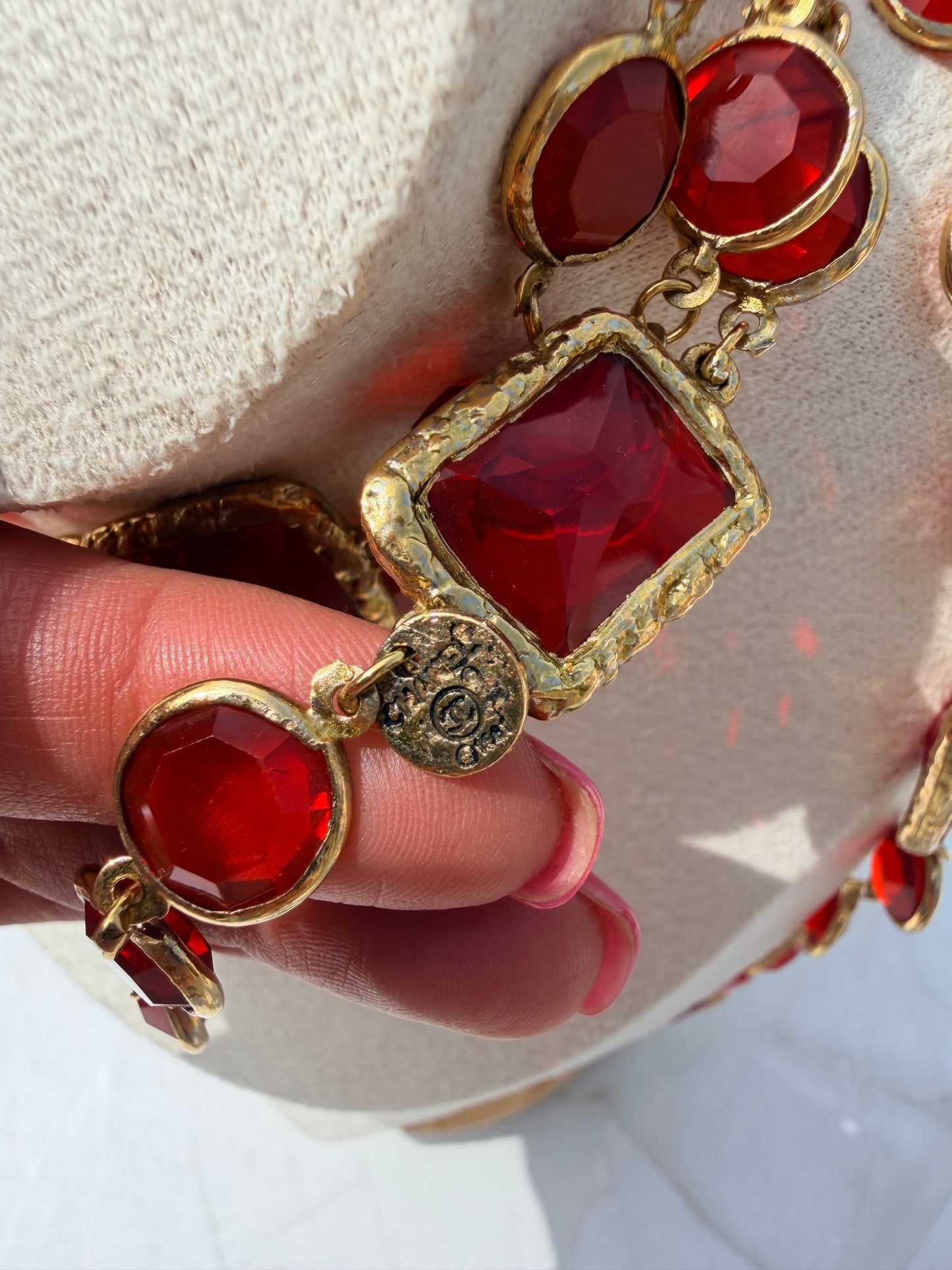 Vintage 1981 Chanel Chicklet Long Necklace Red Gripoix 24K Gold Plated Hardware