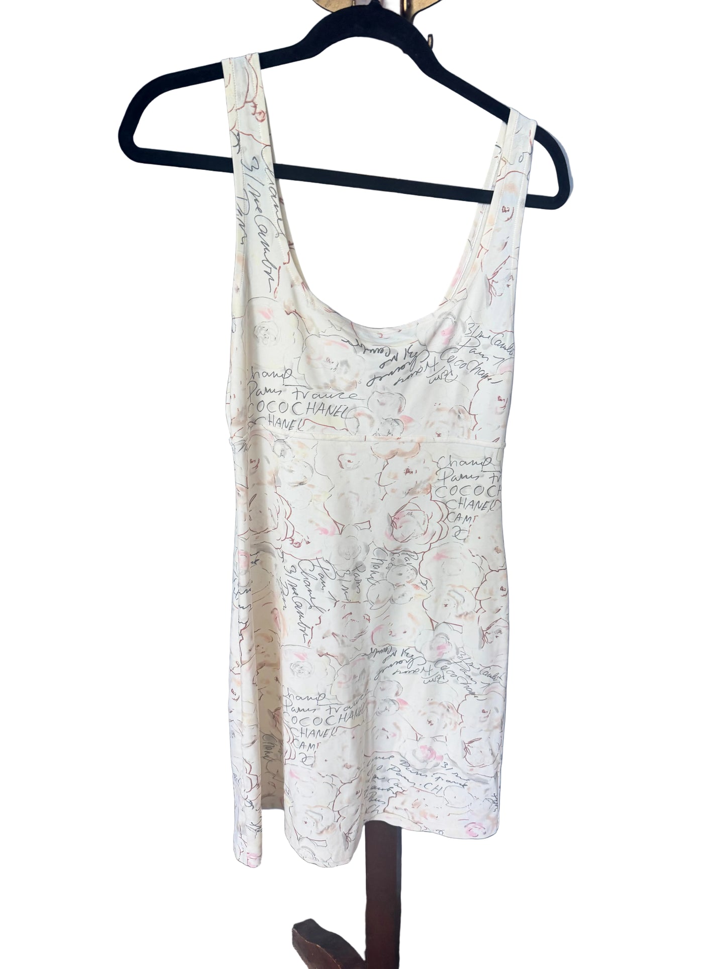 Chanel 1998 Cruise Ivory Camellia Print Dress by Karl Lagerfeld