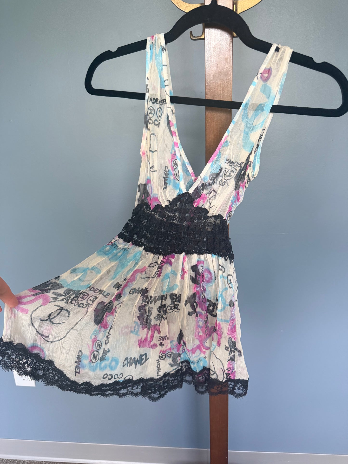 Chanel Silk Tank top in iconic Graffiti print and lace.
