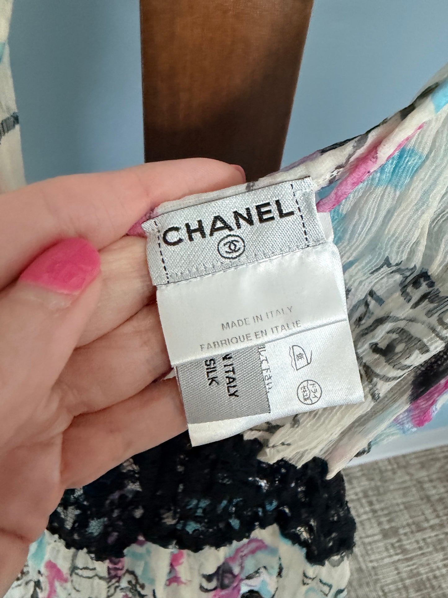 Chanel Silk Tank top in iconic Graffiti print and lace.