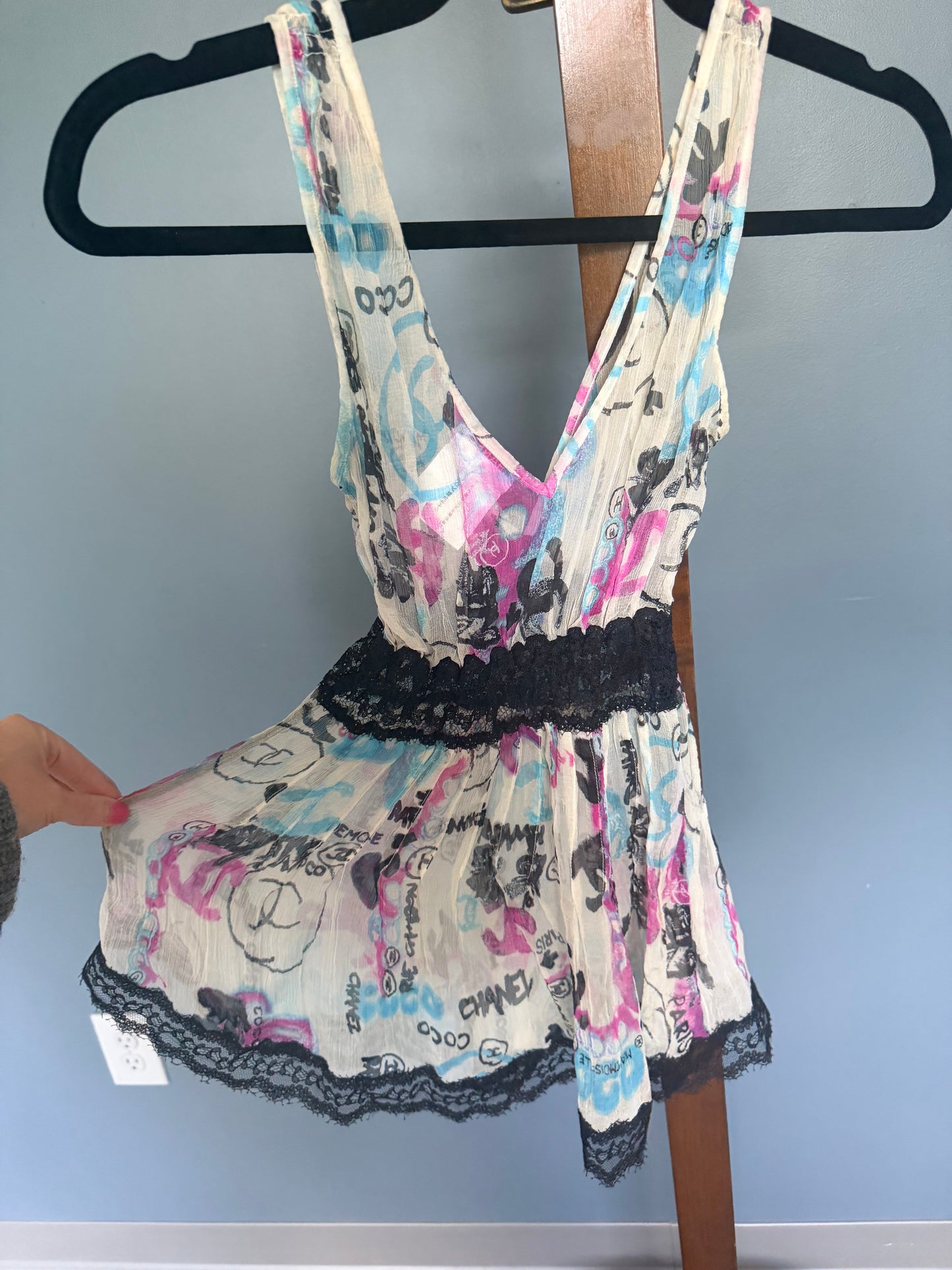 Chanel Silk Tank top in iconic Graffiti print and lace.