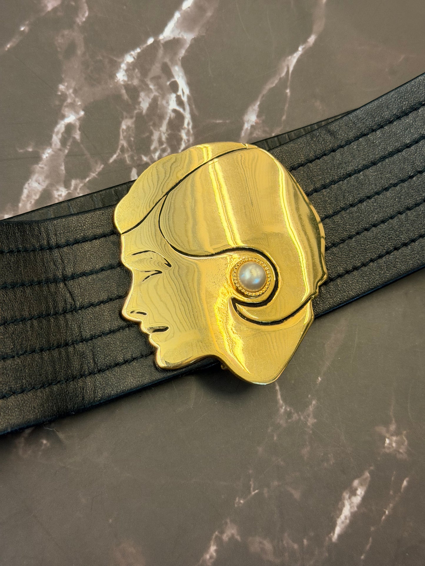 Likely  1987 Spring/Summer Chanel Black Leather Gold Coco Buckle Belt with Pearl