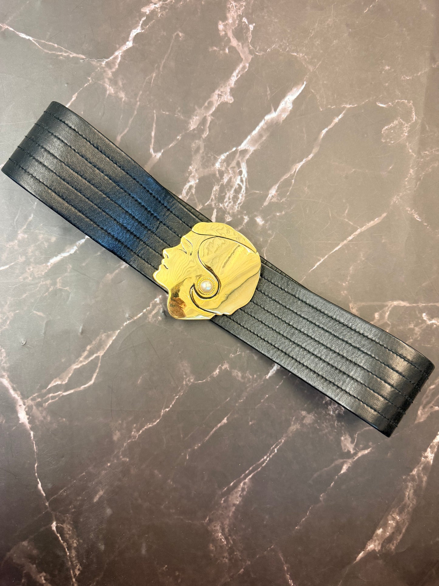 Likely  1987 Spring/Summer Chanel Black Leather Gold Coco Buckle Belt with Pearl