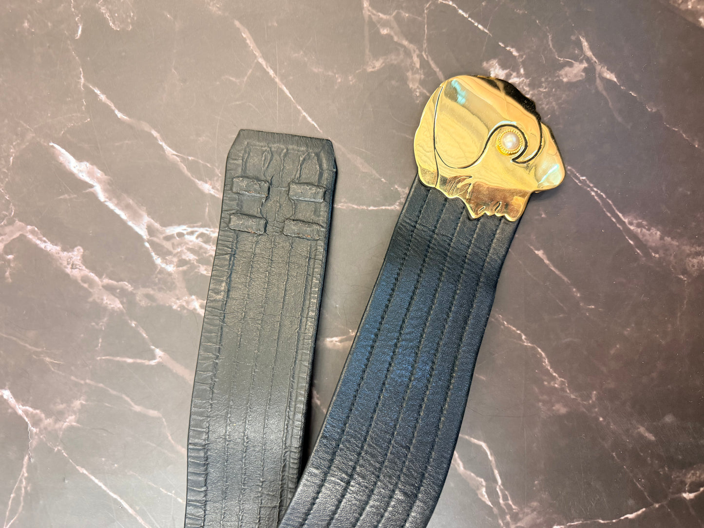 Likely  1987 Spring/Summer Chanel Black Leather Gold Coco Buckle Belt with Pearl