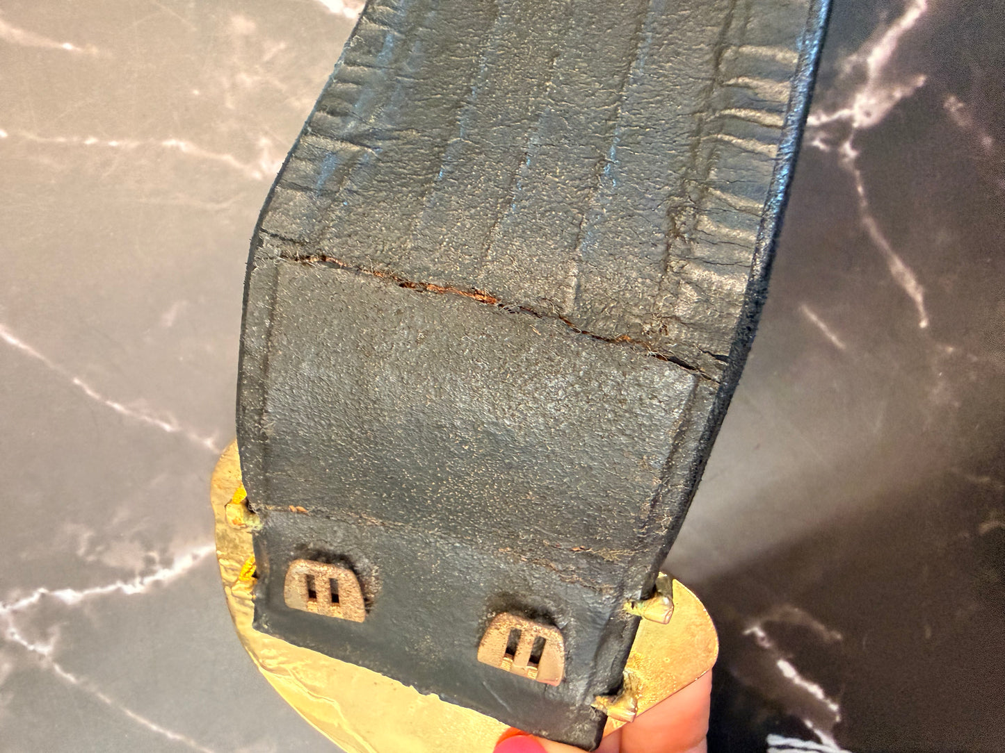 Likely  1987 Spring/Summer Chanel Black Leather Gold Coco Buckle Belt with Pearl