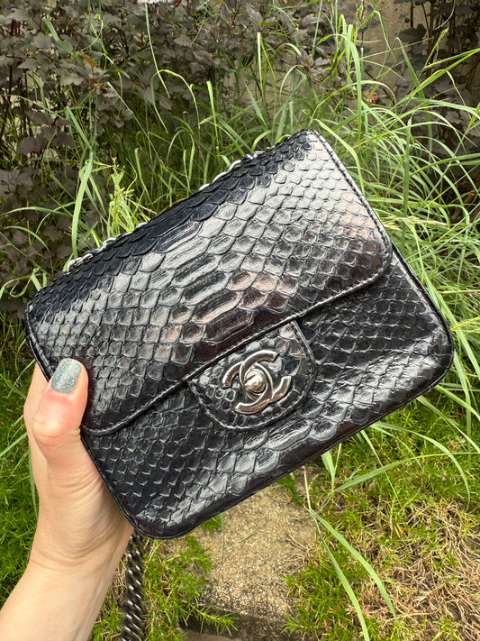 Chanel Black Python Mini Square Classic Single Flap Bag Ruthenium Hardware, 2016