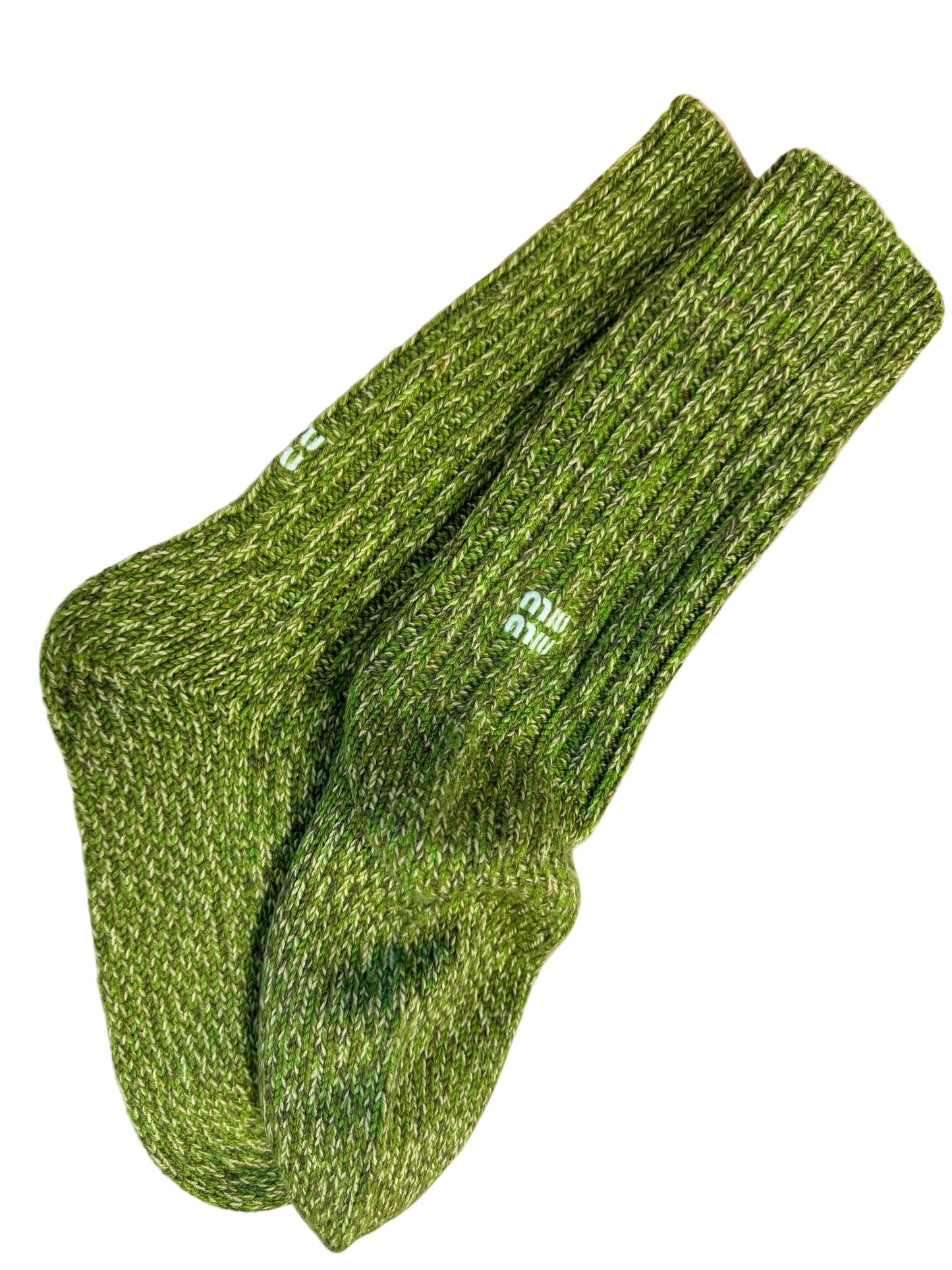 Miu Miu ribbed crew socks in a green heathered knit with an embroidered white logo