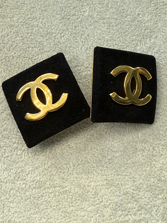 Chanel Black Suede and Gold Metal CC Square Earrings, 1992