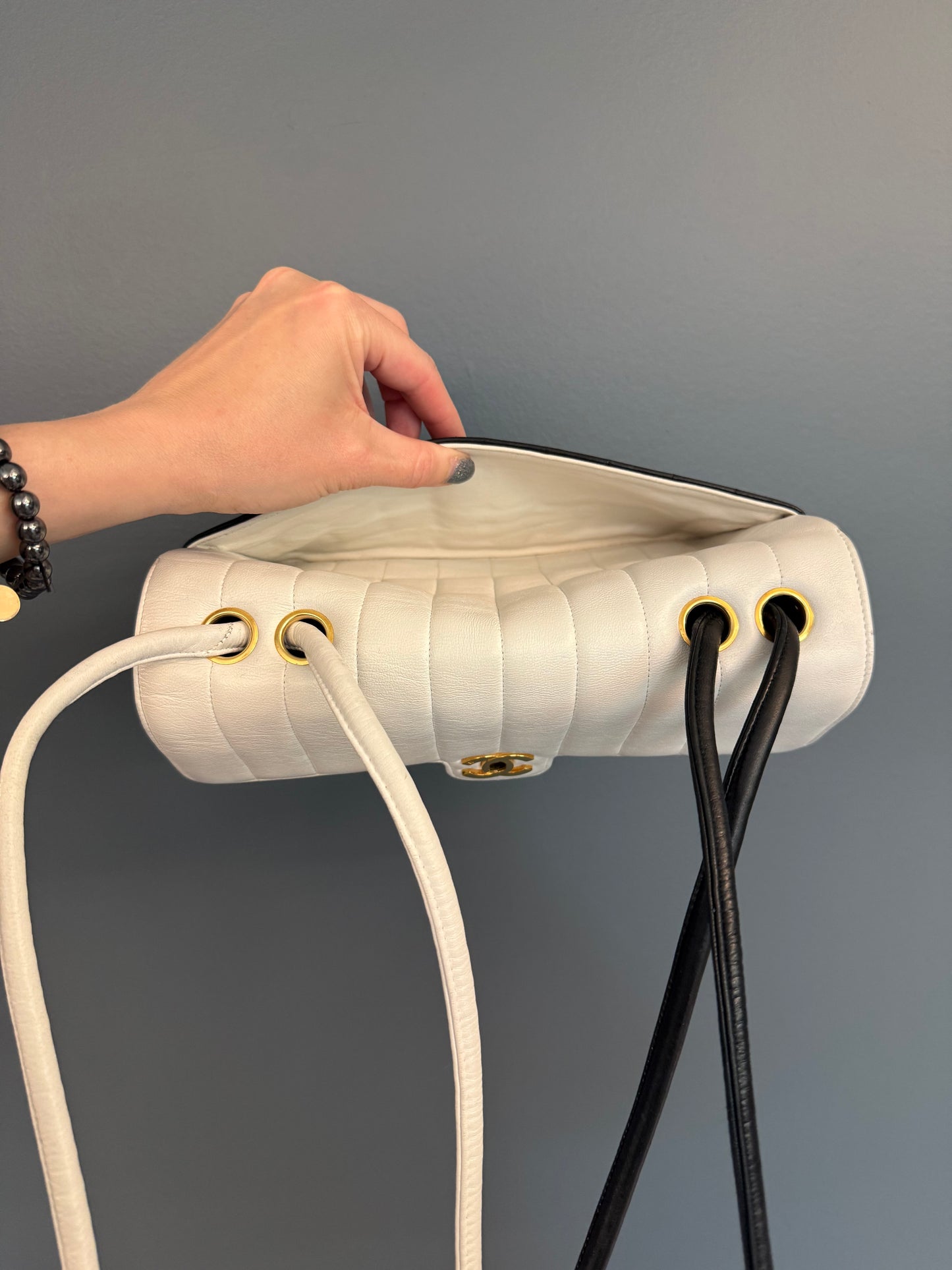 Chanel Shoulder Bag Vintage CC Front Turn Lock Flap  in Black/White Lambskin Leather and Gold hardware