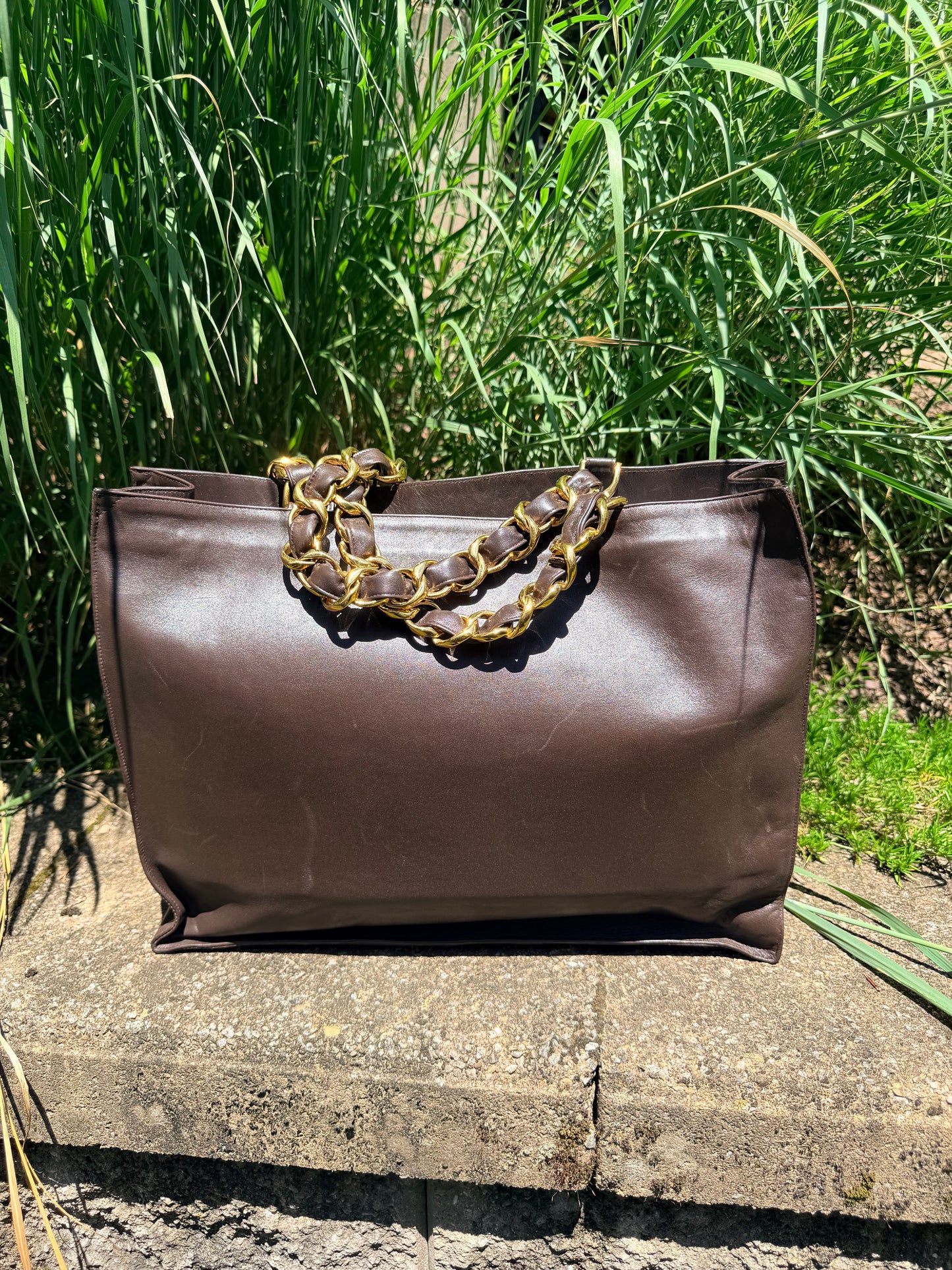 Vintage Chanel Big COCO Chain Tote in Brown Leather