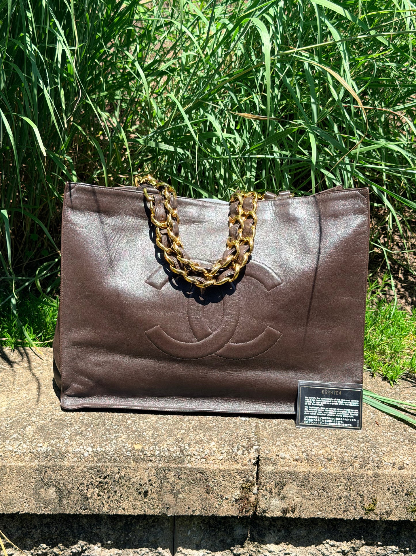 Vintage Chanel Big COCO Chain Tote in Brown Leather