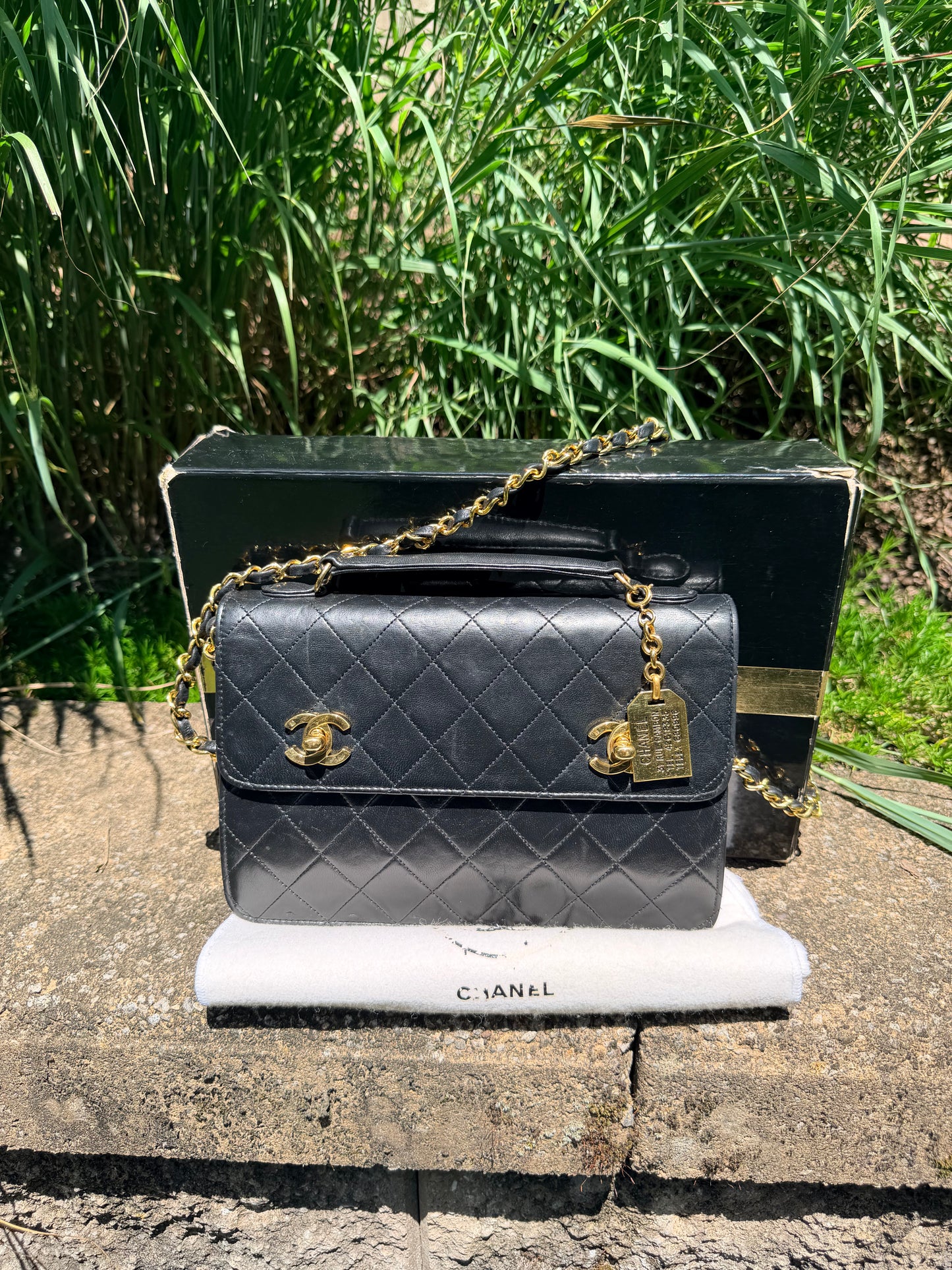 Vintage Chanel Double Turnlock Matelasse Chain Shoulder Hand bag lambskin GHW