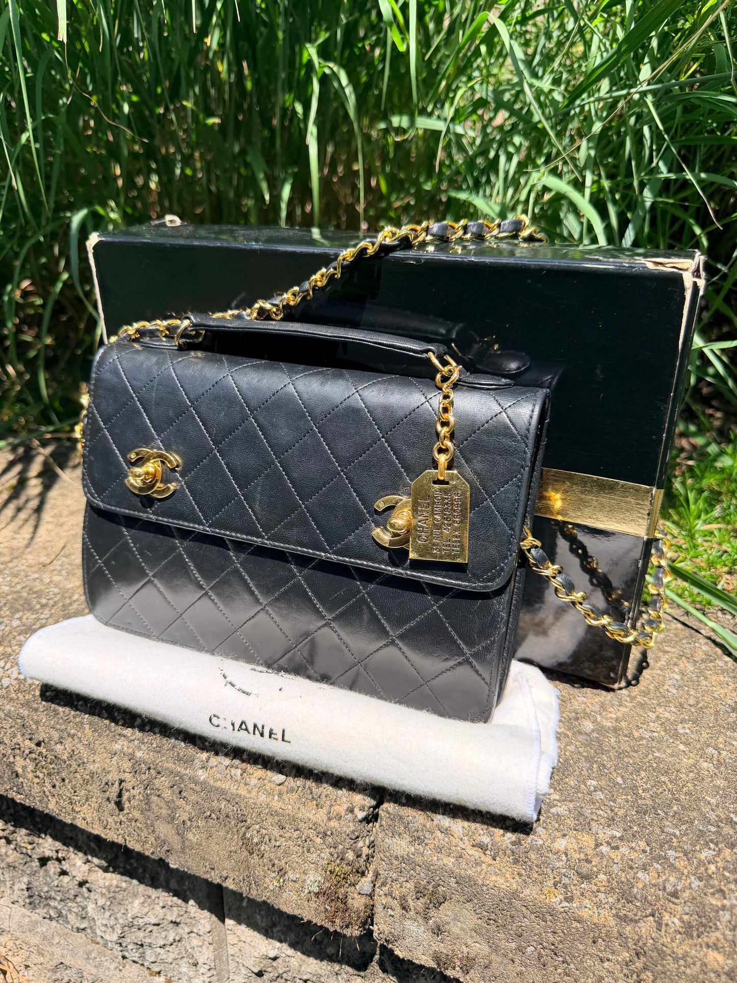 Vintage Chanel Double Turnlock Matelasse Chain Shoulder Hand bag lambskin GHW