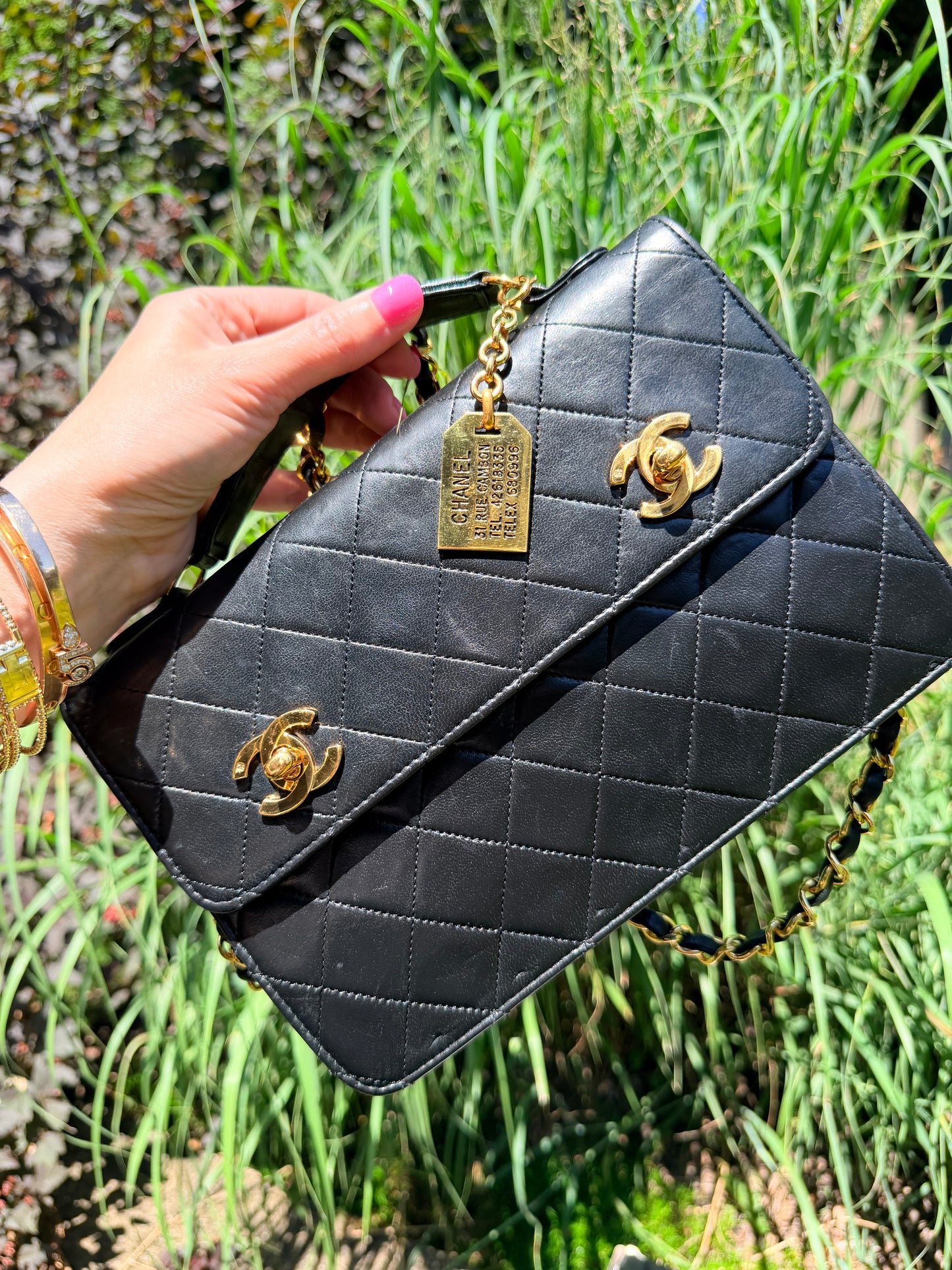 Vintage Chanel Double Turnlock Matelasse Chain Shoulder Hand bag lambskin GHW