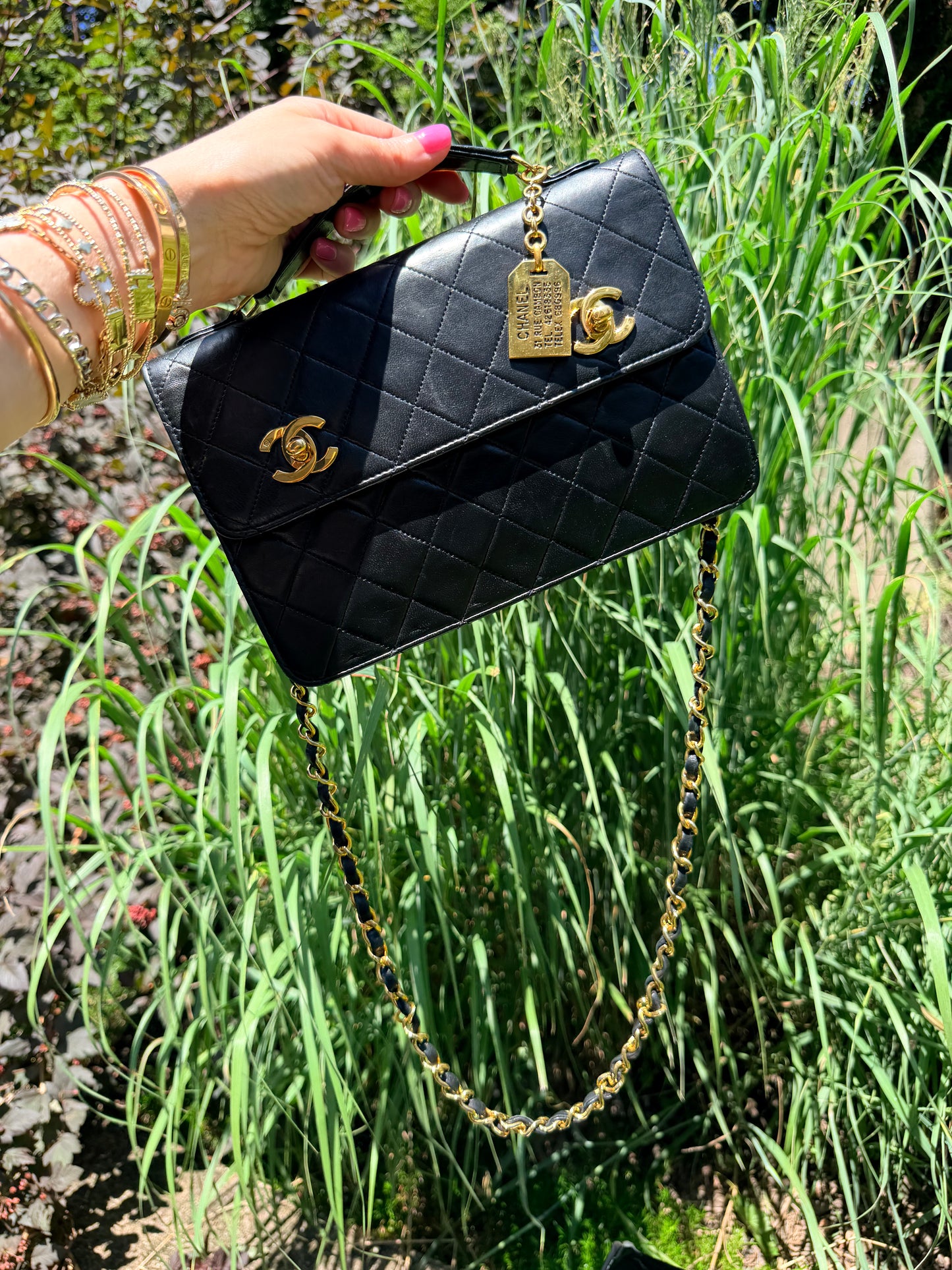 Vintage Chanel Double Turnlock Matelasse Chain Shoulder Hand bag lambskin GHW
