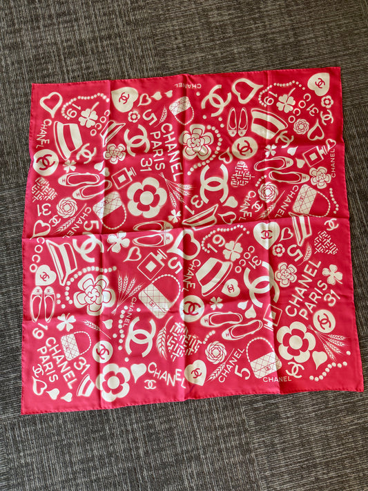 CHANEL LOGO CC CAMELIA SQUARE 90 PINK SILK SCARF 2019