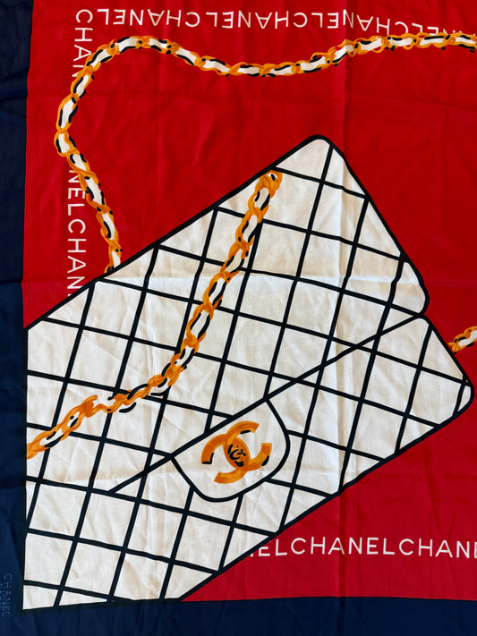 Vintage Chanel Paris Red and White Purse Design Silk Scarf