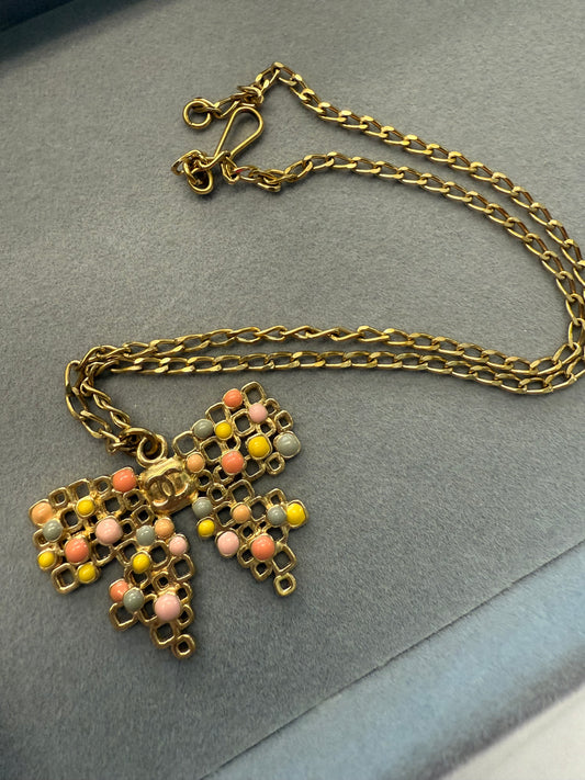 CHANEL Ribbon Motif Necklace Gold Chain Pendant