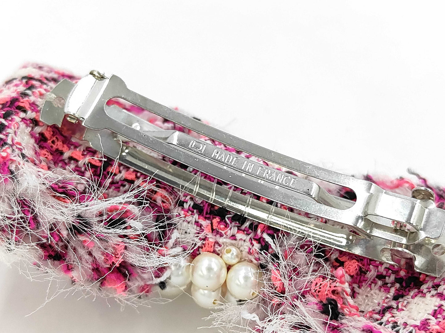 Chanel Coco Mark Pearl Tweed Ribbon Barrette Hair