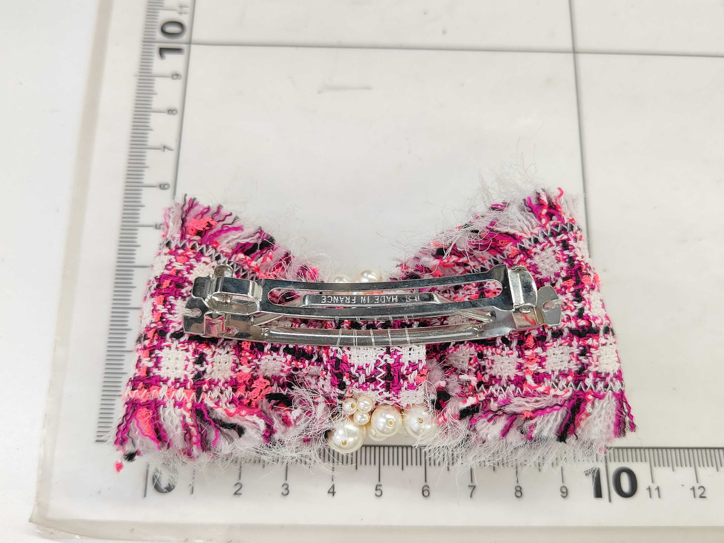 Chanel Coco Mark Pearl Tweed Ribbon Barrette Hair